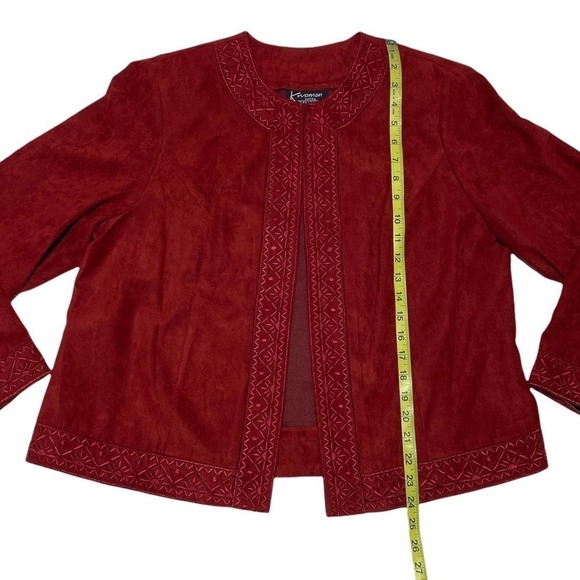K Woman Red Faux Suede Embellished Open Jacket - Picture 7 of 12